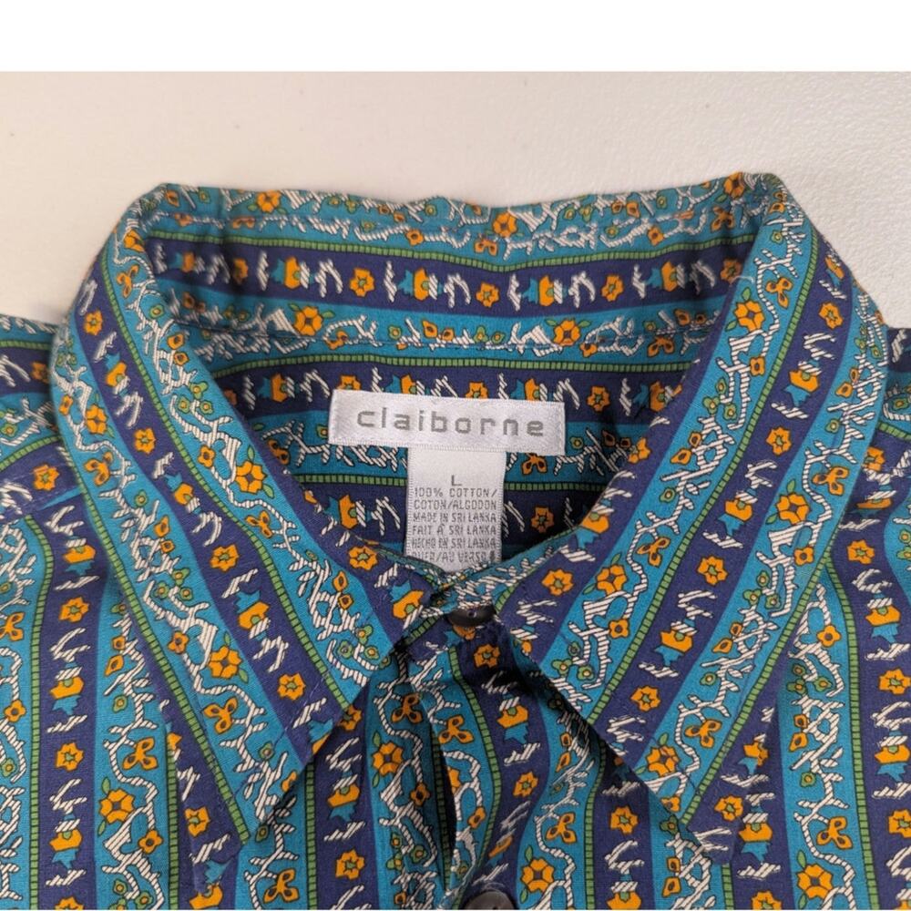 Claiborne Patterned Button Up Shirt Floral Stripes Blue Orange Cotton Mens Large